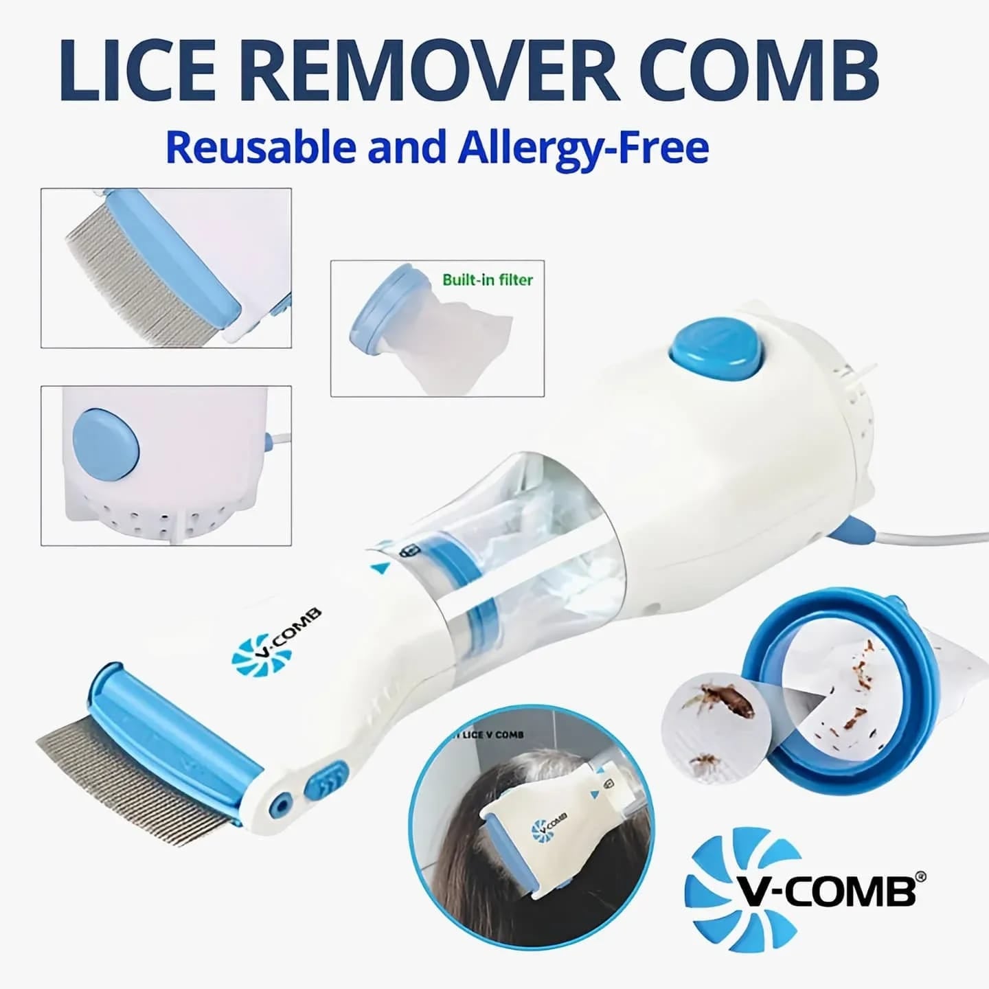 Original New V Comb Head Lice Machine With 4 Filter - Electronic Head Lice Removal Machine - Eggs Remover Hair Vacuums Machine for lice
